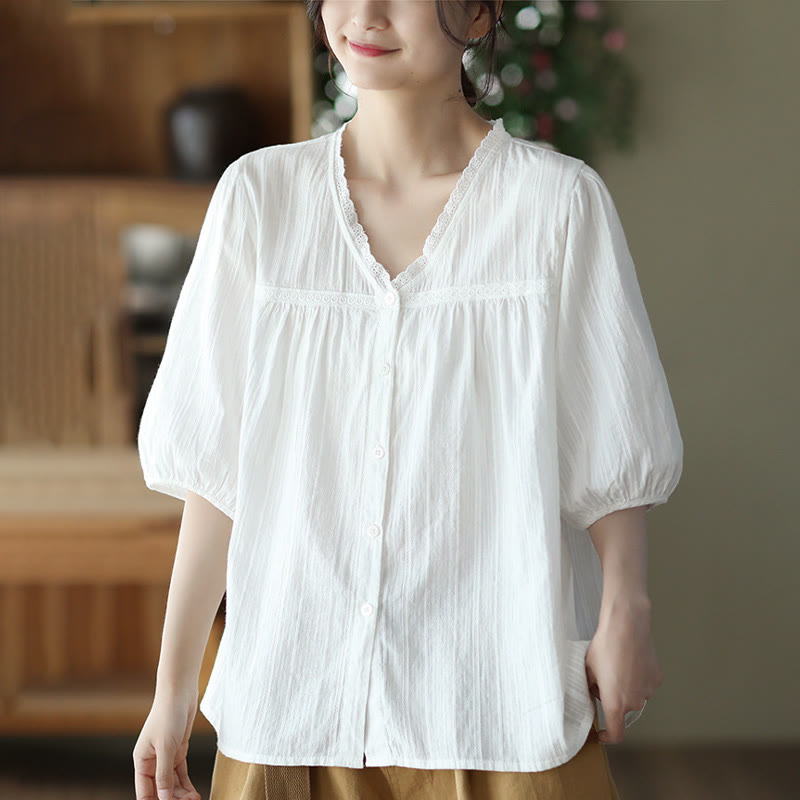 Women's Pure White Lace V-neck Design Half Sleeve Cotton Shirt