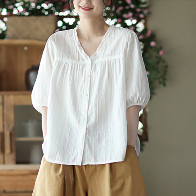 Women's Pure White Lace V-neck Design Half Sleeve Cotton Shirt