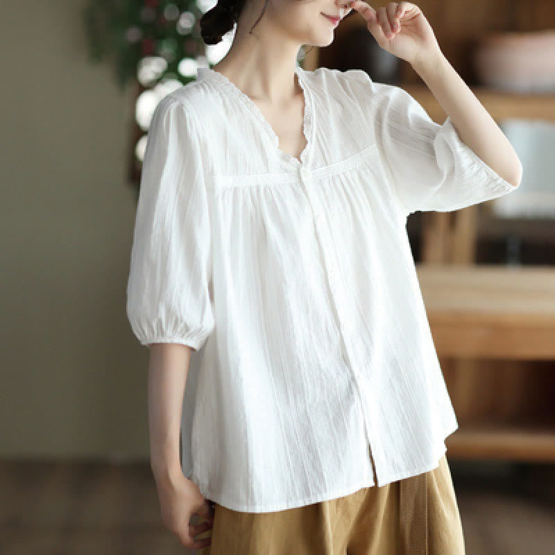 Women's Pure White Lace V-neck Design Half Sleeve Cotton Shirt