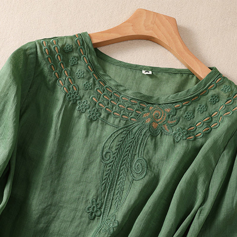 Women's Crew Neck Hollow Design Half Sleeve Cotton Linen Shirt