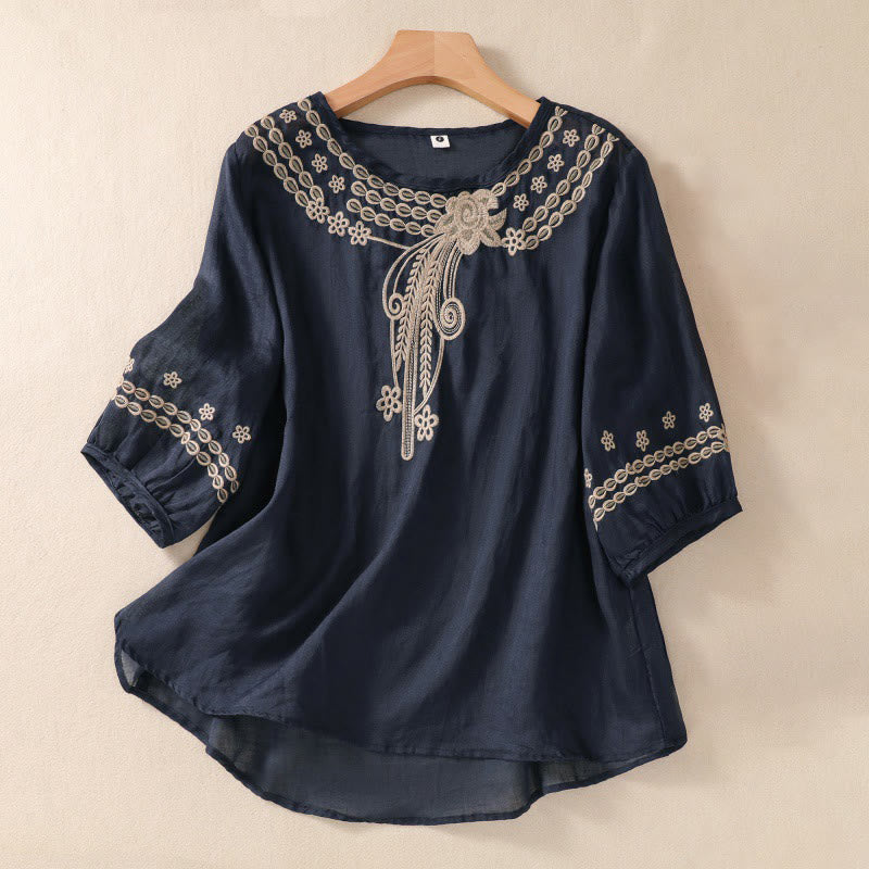 Women's Crew Neck Hollow Design Half Sleeve Cotton Linen Shirt