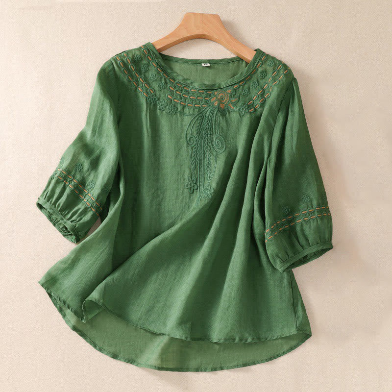 Women's Crew Neck Hollow Design Half Sleeve Cotton Linen Shirt