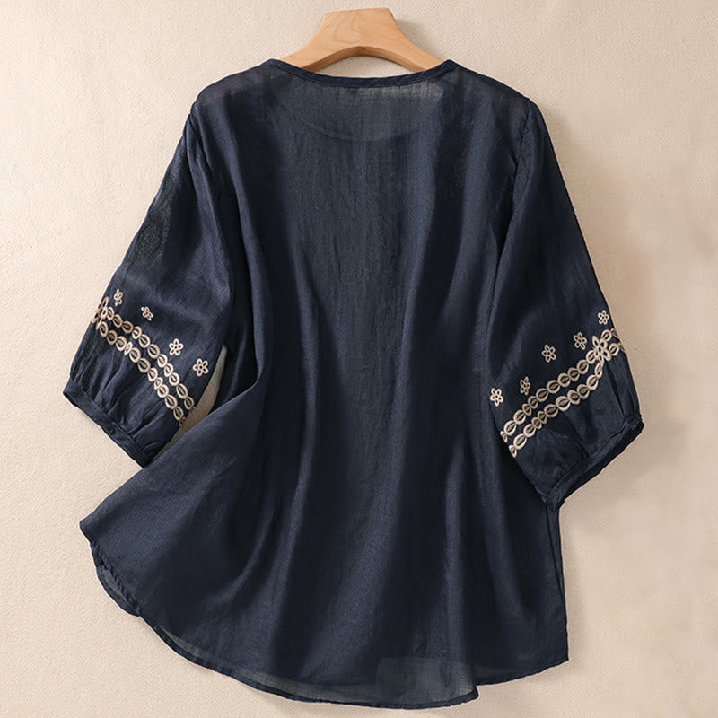 Women's Crew Neck Hollow Design Half Sleeve Cotton Linen Shirt