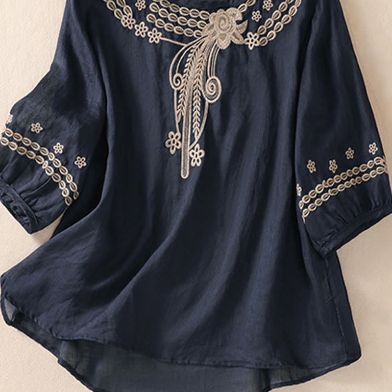 Women's Crew Neck Hollow Design Half Sleeve Cotton Linen Shirt