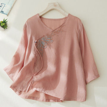 Casual Women's Embroidery Plants Design Three Quarter Sleeve Cotton Linen Shirt