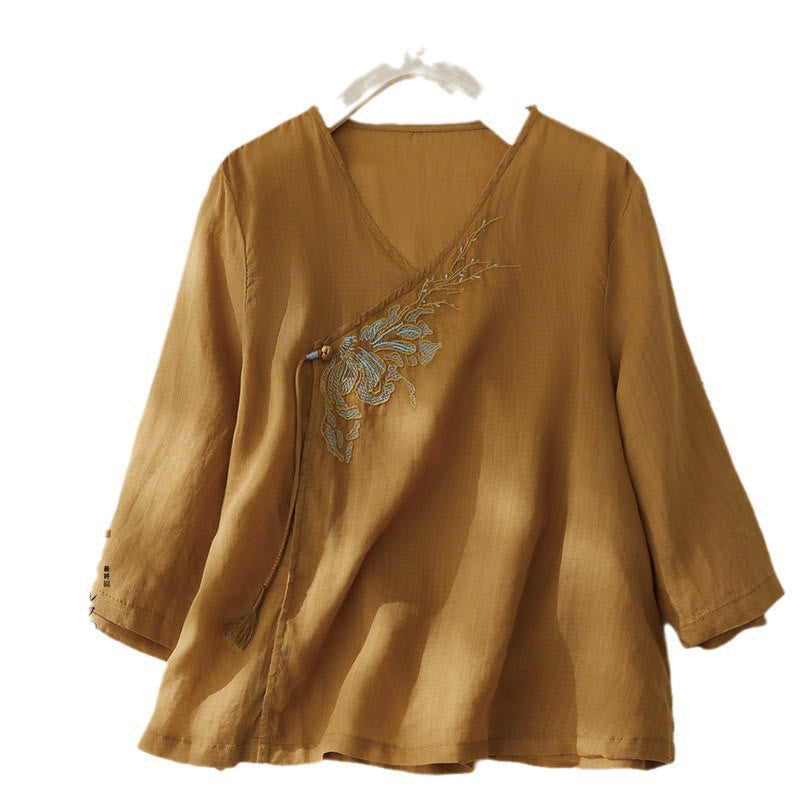 Casual Women's Embroidery Plants Design Three Quarter Sleeve Cotton Linen Shirt