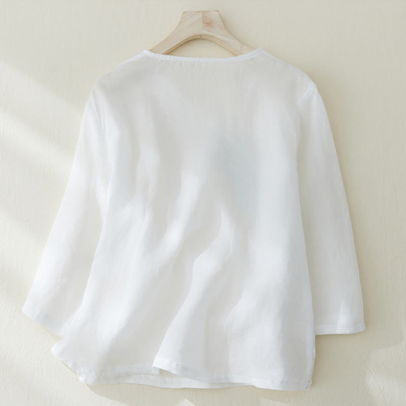 Casual Women's Embroidery Plants Design Three Quarter Sleeve Cotton Linen Shirt