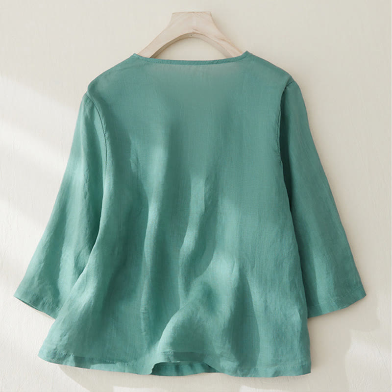 Casual Women's Embroidery Plants Design Three Quarter Sleeve Cotton Linen Shirt