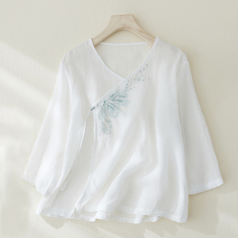 Casual Women's Embroidery Plants Design Three Quarter Sleeve Cotton Linen Shirt