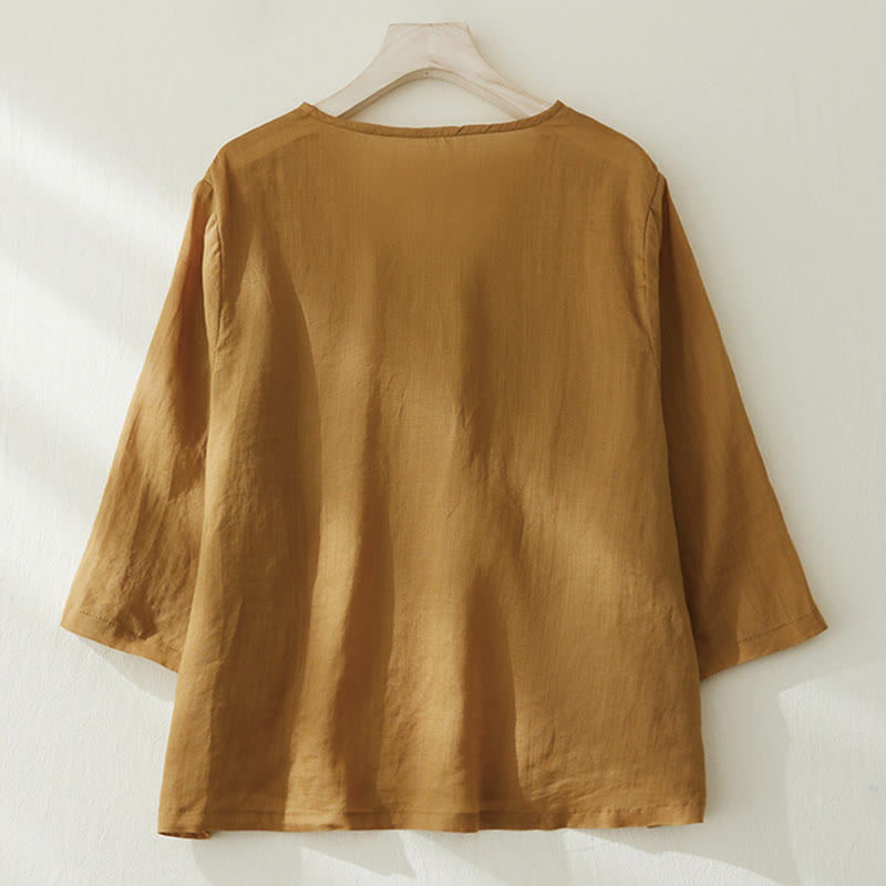 Casual Women's Embroidery Plants Design Three Quarter Sleeve Cotton Linen Shirt