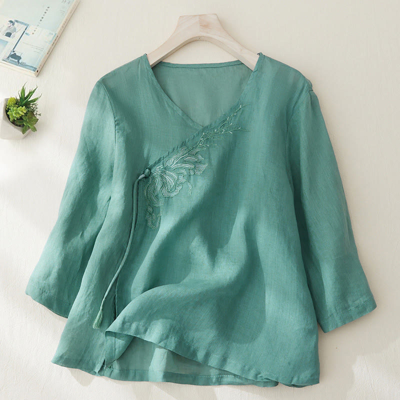 Casual Women's Embroidery Plants Design Three Quarter Sleeve Cotton Linen Shirt