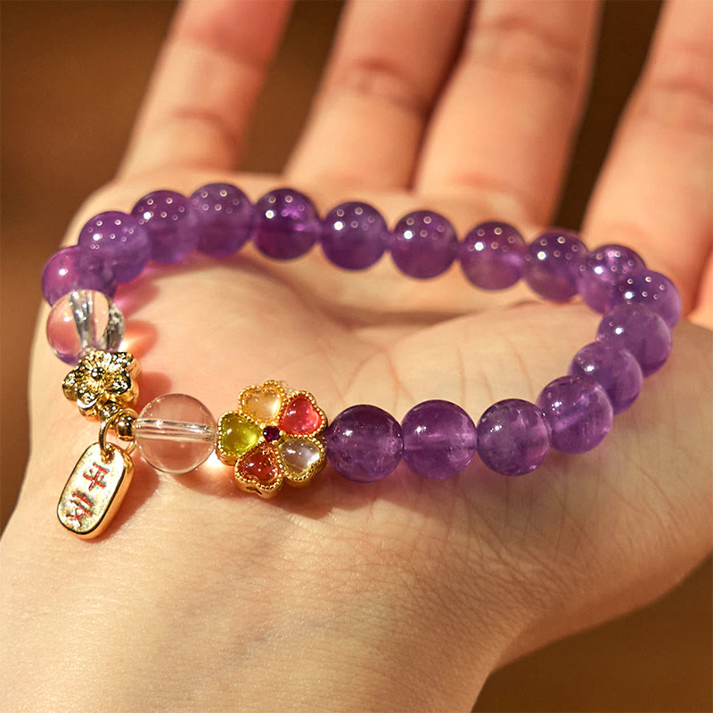Natural Amethyst and Clear Quartz Flower Charm Ping An Kou Copper Bracelet