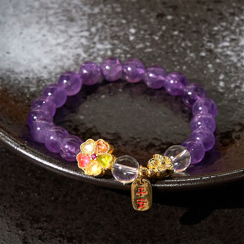 Natural Amethyst and Clear Quartz Copper Floral Charm Bracelet