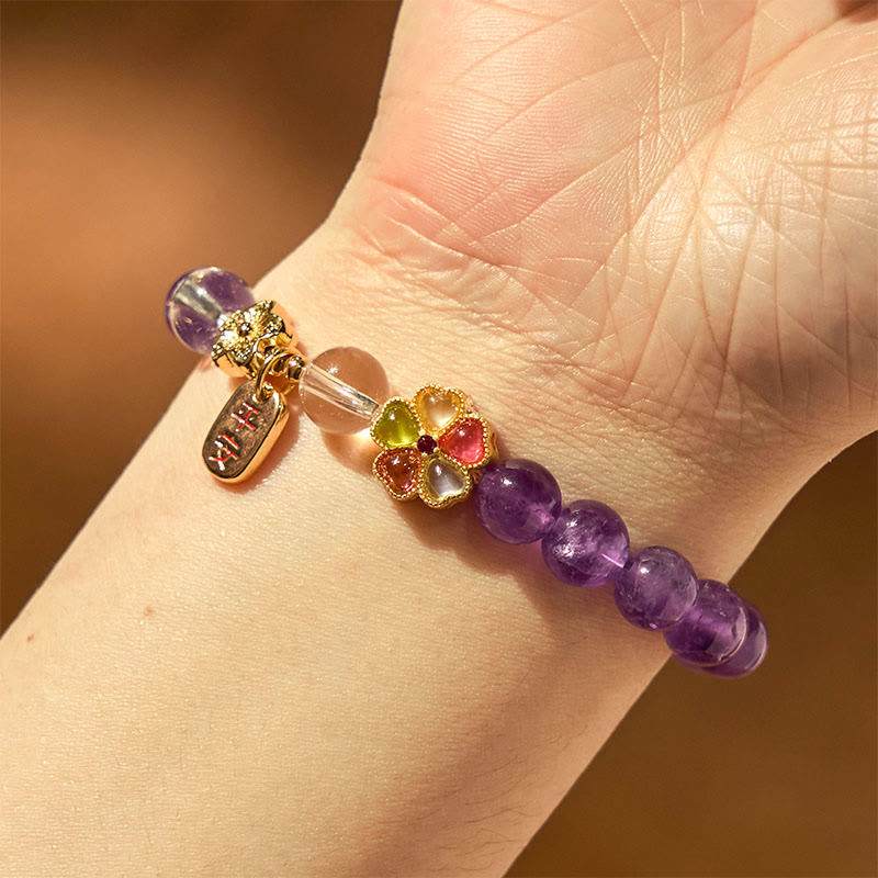 Natural Amethyst and Clear Quartz Copper Floral Charm Bracelet