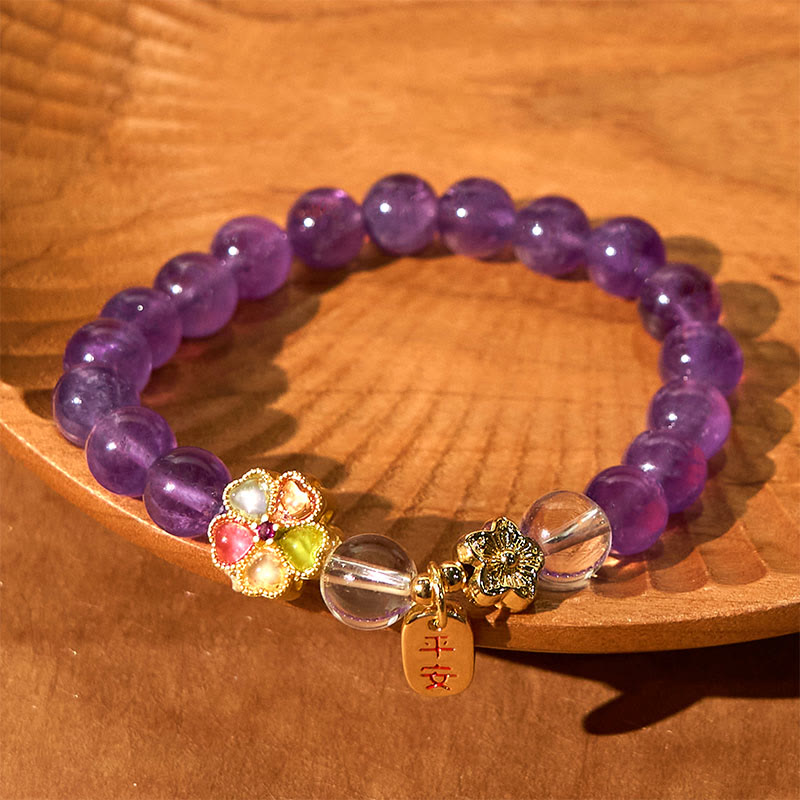 Natural Amethyst and Clear Quartz Copper Floral Charm Bracelet