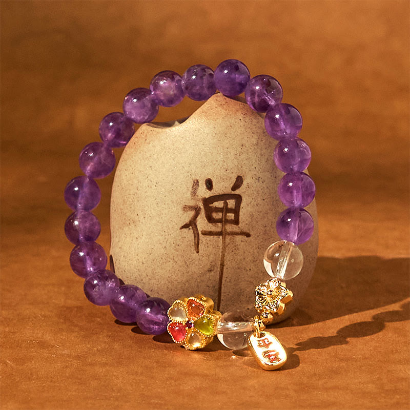 Natural Amethyst and Clear Quartz Copper Floral Charm Bracelet