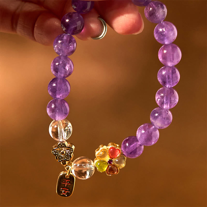 Natural Amethyst and Clear Quartz Flower Charm Ping An Kou Copper Bracelet