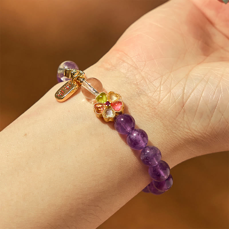 Natural Amethyst and Clear Quartz Copper Floral Charm Bracelet