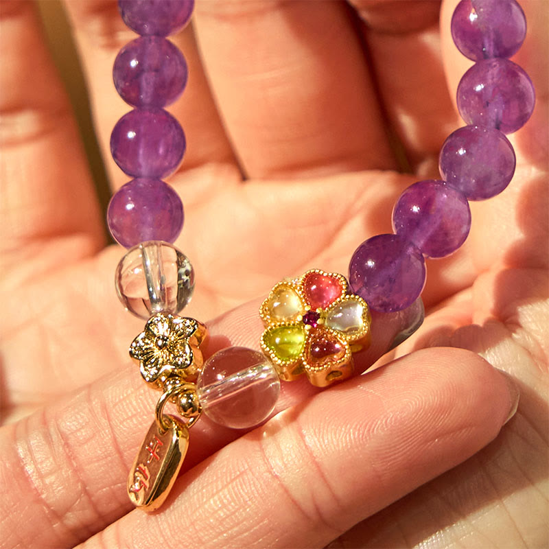 Natural Amethyst and Clear Quartz Copper Floral Charm Bracelet