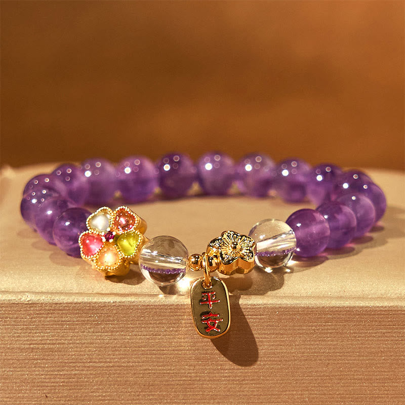 Natural Amethyst and Clear Quartz Copper Floral Charm Bracelet