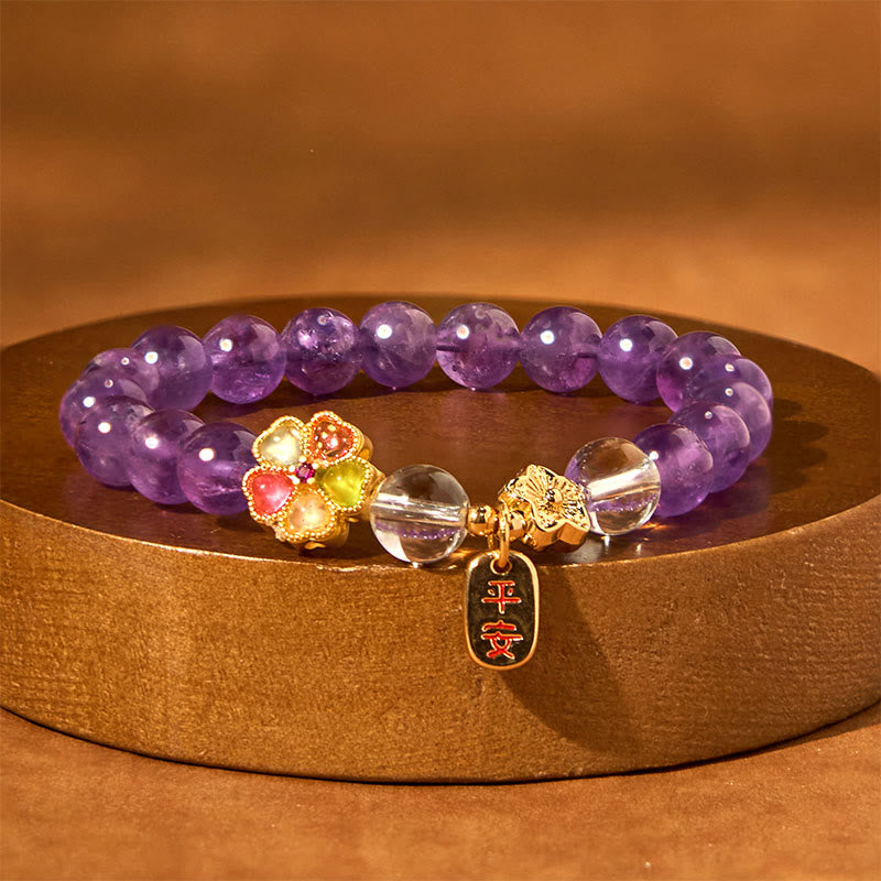 Natural Amethyst and Clear Quartz Copper Floral Charm Bracelet