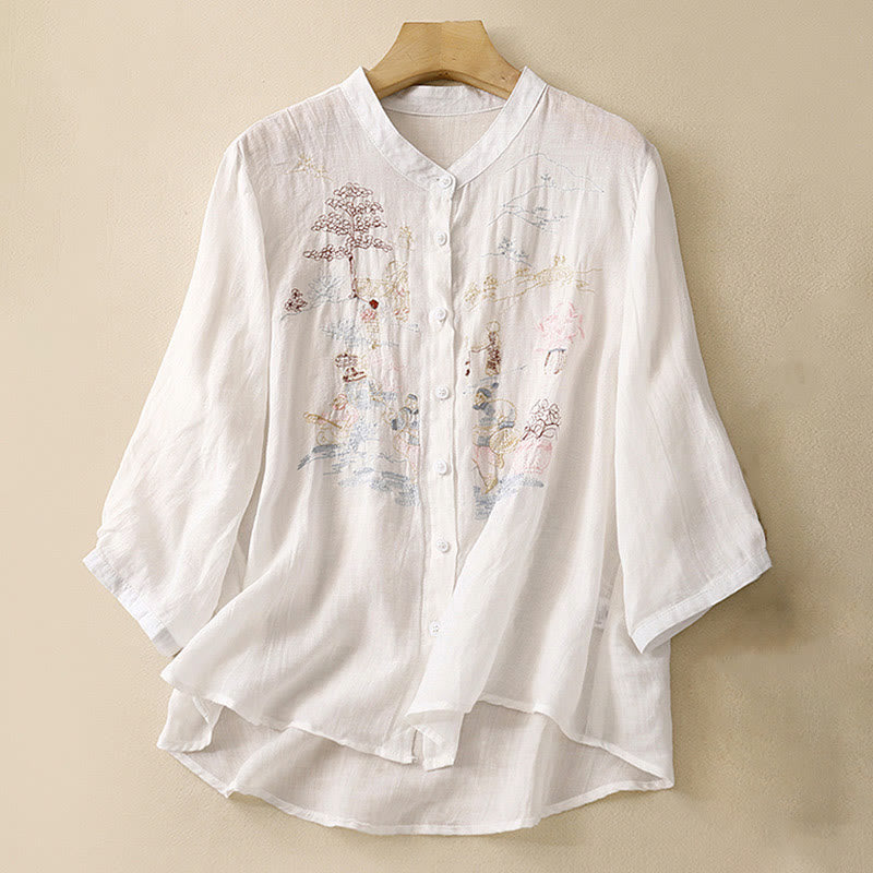 Cotton Linen Embroidered Stand Collar 3/4 Sleeve Mindful Shirt