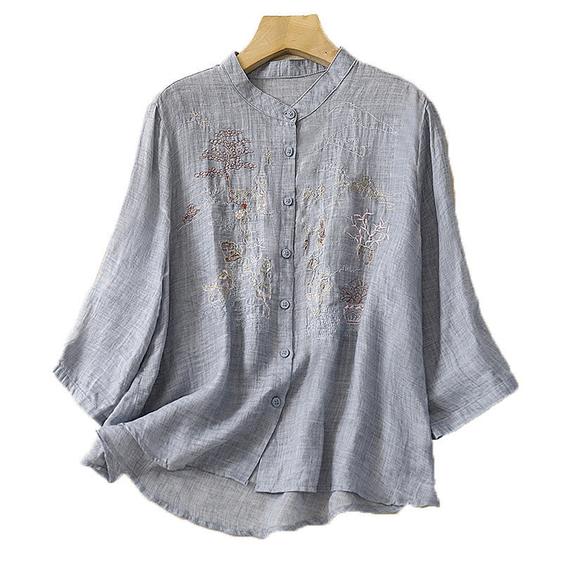 Cotton Linen Embroidered Stand Collar 3/4 Sleeve Mindful Shirt