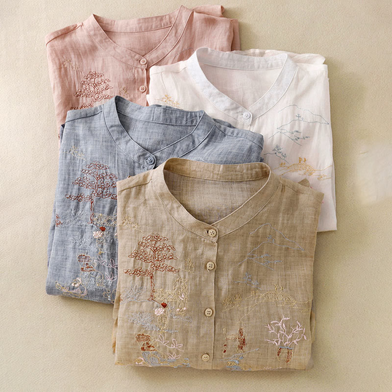 Cotton Linen Embroidered Stand Collar 3/4 Sleeve Mindful Shirt