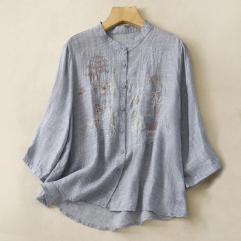 Cotton Linen Embroidered Stand Collar 3/4 Sleeve Mindful Shirt