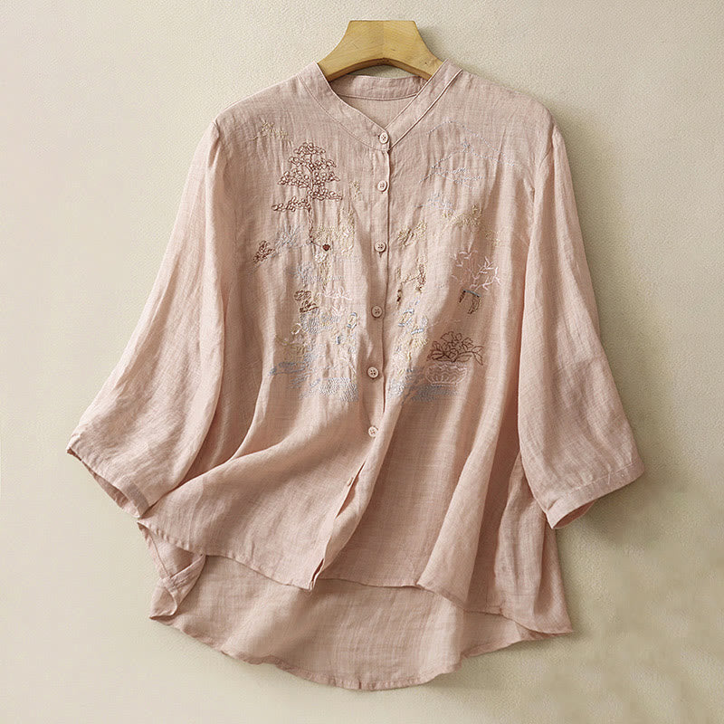 Cotton Linen Embroidered Stand Collar 3/4 Sleeve Mindful Shirt