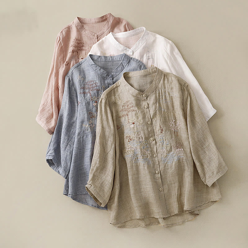 Cotton Linen Embroidered Stand Collar 3/4 Sleeve Mindful Shirt
