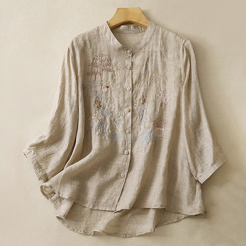 Cotton Linen Embroidered Stand Collar 3/4 Sleeve Mindful Shirt