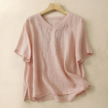 Casual Women's Embroidered Flower V-neck Design Loose Half Sleeve Cotton Linen Shirt