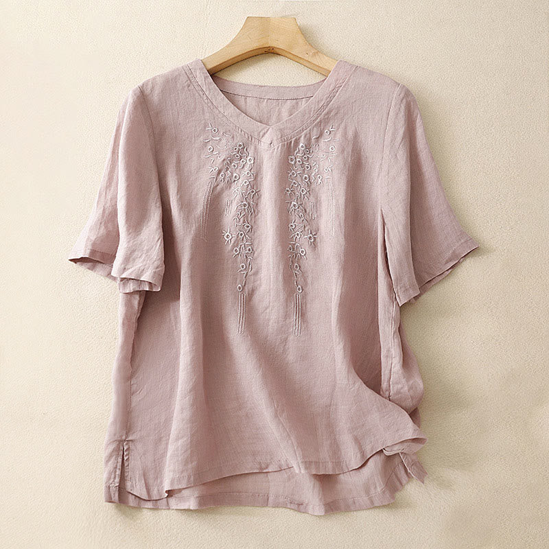 Casual Women's Embroidered Flower V-neck Design Loose Half Sleeve Cotton Linen Shirt