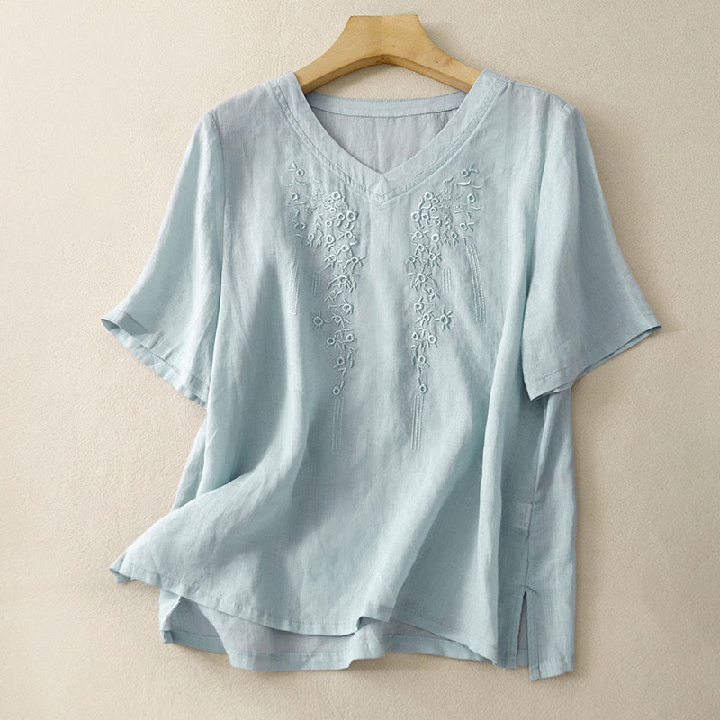 Casual Women's Embroidered Flower V-neck Design Loose Half Sleeve Cotton Linen Shirt