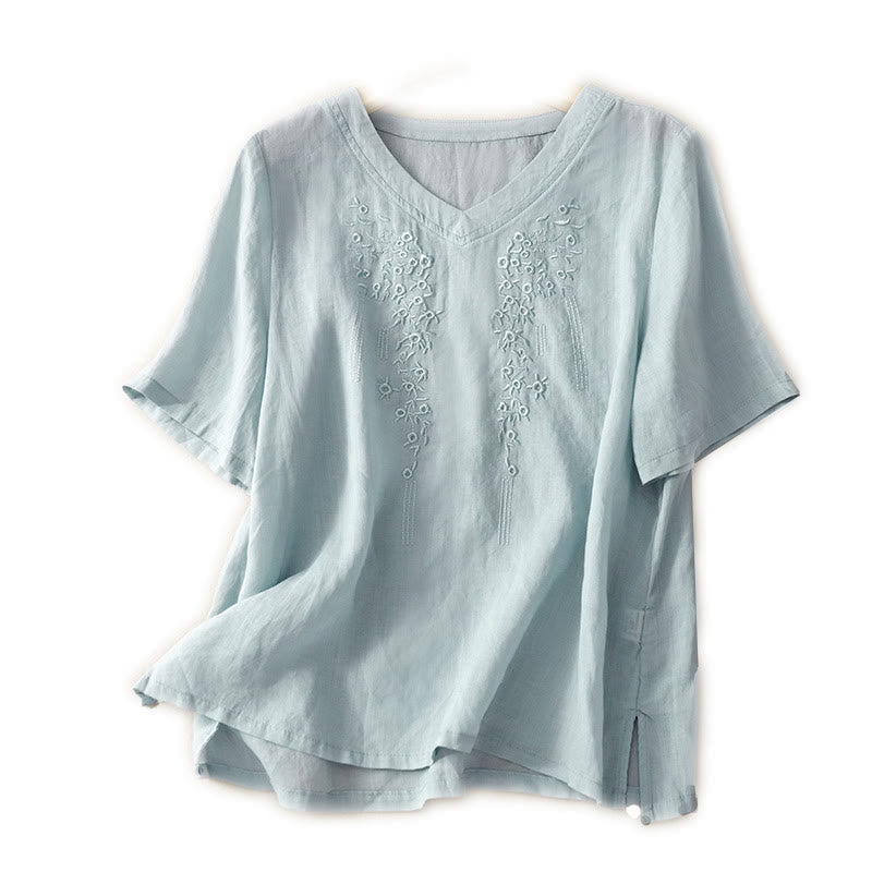 Casual Women's Embroidered Flower V-neck Design Loose Half Sleeve Cotton Linen Shirt