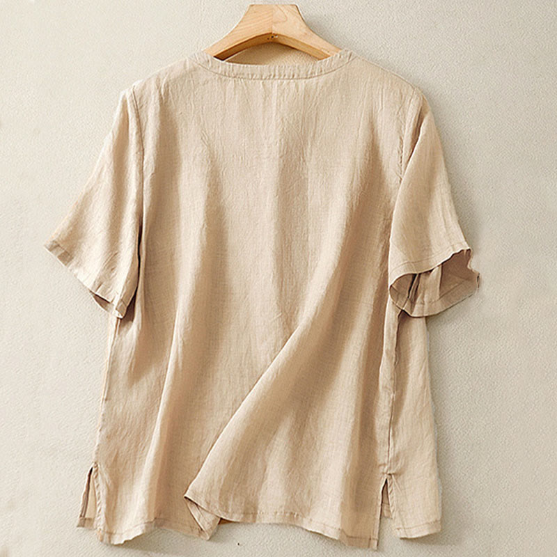 Casual Women's Embroidered Flower V-neck Design Loose Half Sleeve Cotton Linen Shirt