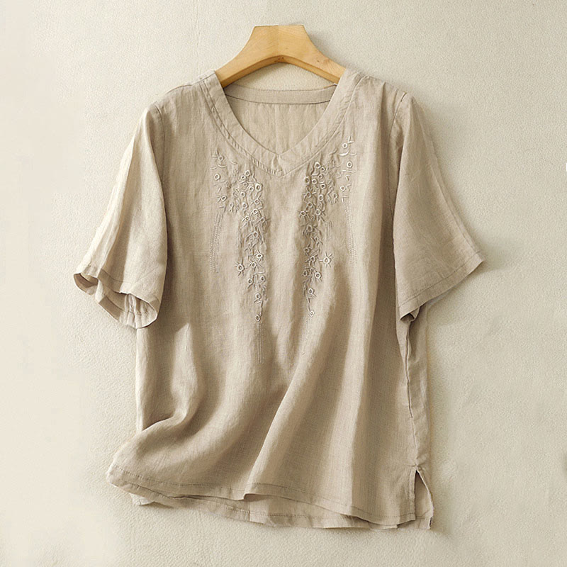 Casual Women's Embroidered Flower V-neck Design Loose Half Sleeve Cotton Linen Shirt