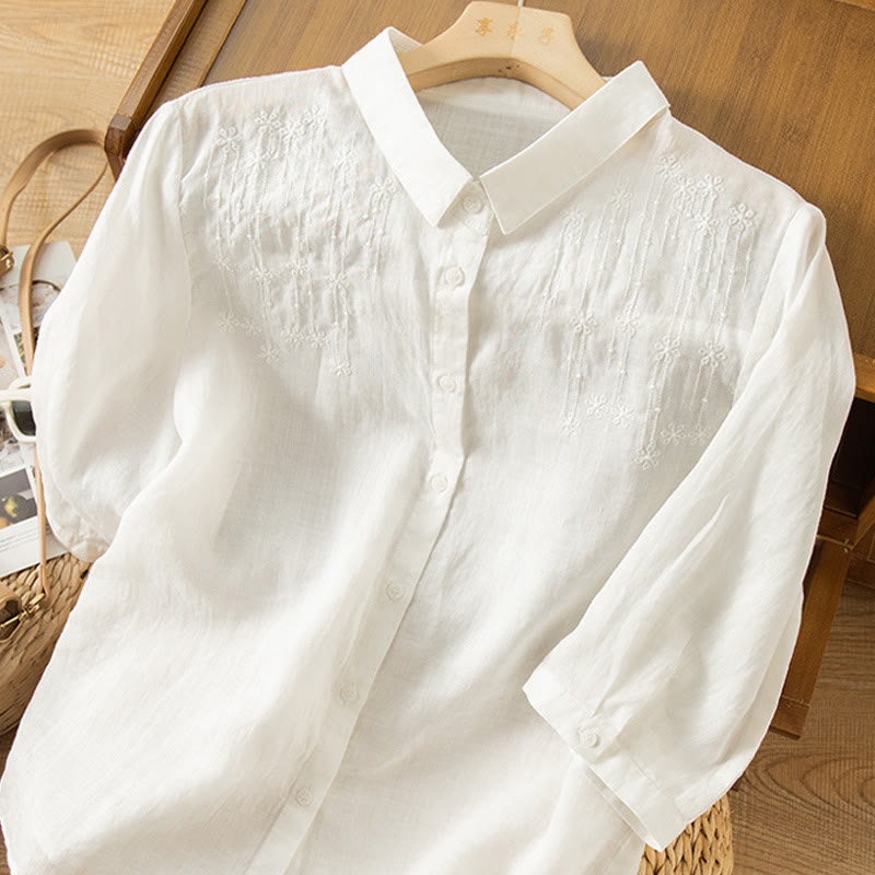 Casual Women's Embroidery Standing Collar Half Sleeve Design Cotton Linen Shirt