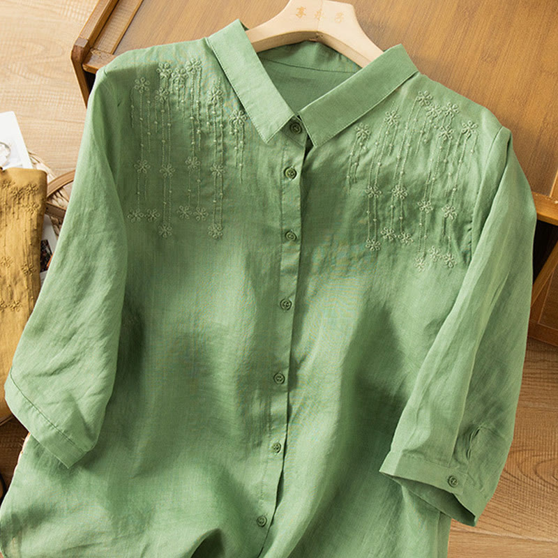 Casual Women's Embroidery Standing Collar Half Sleeve Design Cotton Linen Shirt
