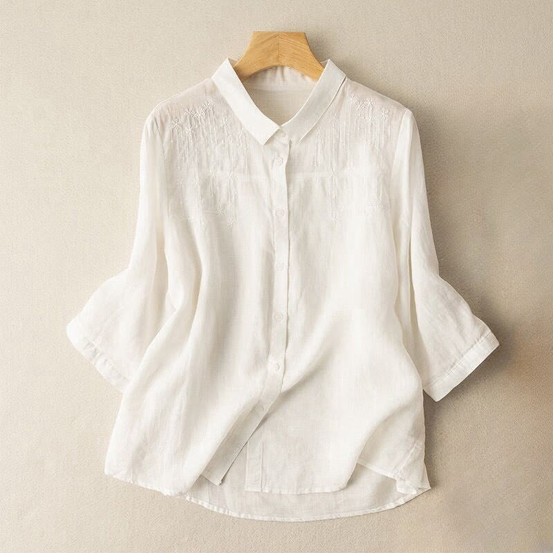 Casual Women's Embroidery Standing Collar Half Sleeve Design Cotton Linen Shirt