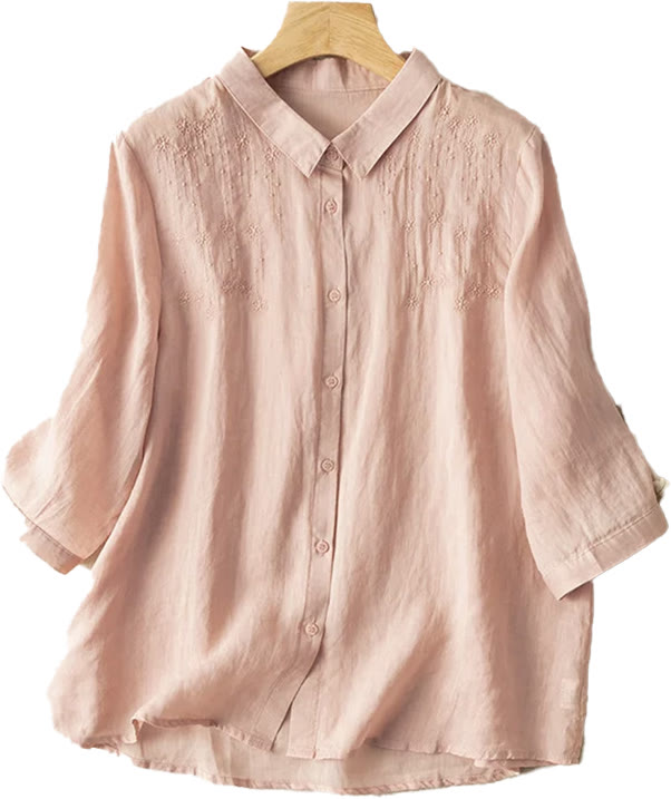 Casual Women's Embroidery Standing Collar Half Sleeve Design Cotton Linen Shirt