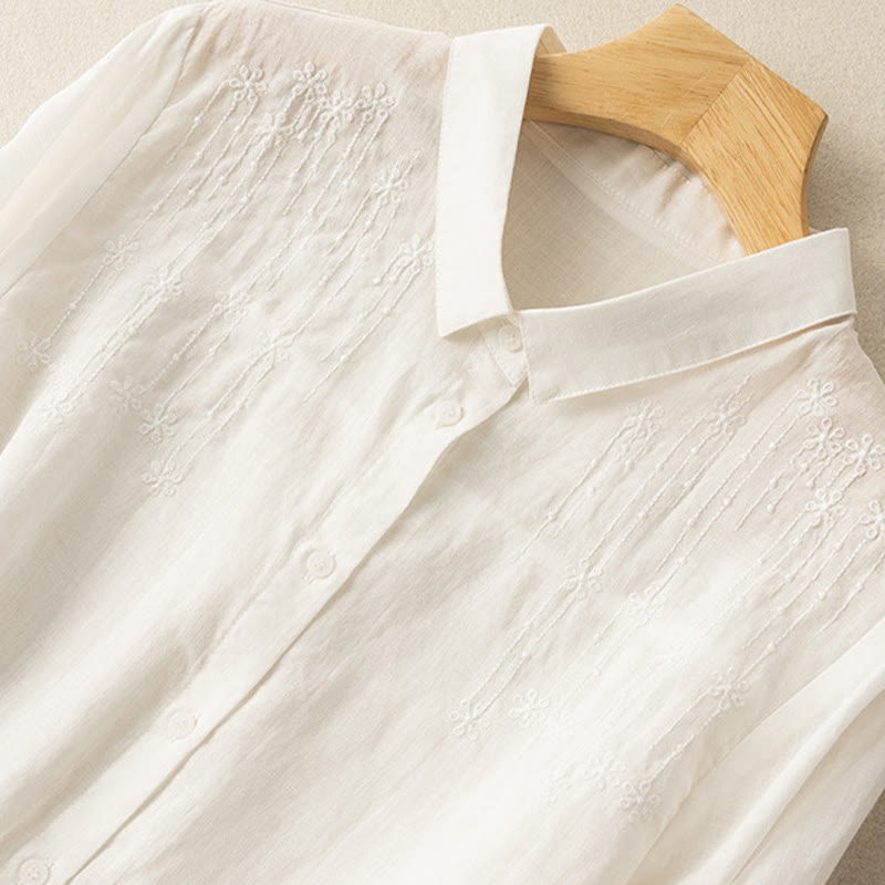 Casual Women's Embroidery Standing Collar Half Sleeve Design Cotton Linen Shirt