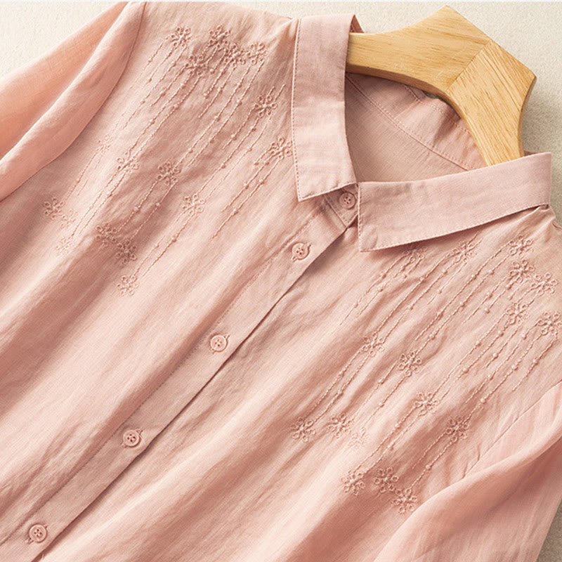Casual Women's Embroidery Standing Collar Half Sleeve Design Cotton Linen Shirt