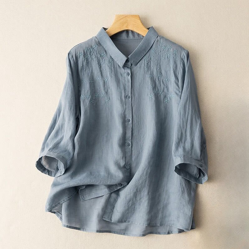 Casual Women's Embroidery Standing Collar Half Sleeve Design Cotton Linen Shirt