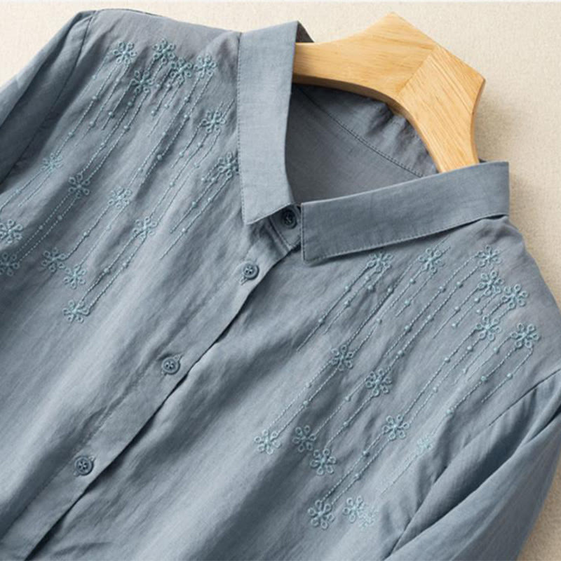 Casual Women's Embroidery Standing Collar Half Sleeve Design Cotton Linen Shirt