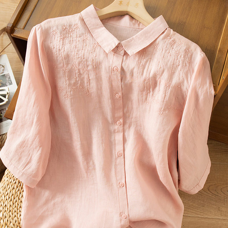 Casual Women's Embroidery Standing Collar Half Sleeve Design Cotton Linen Shirt