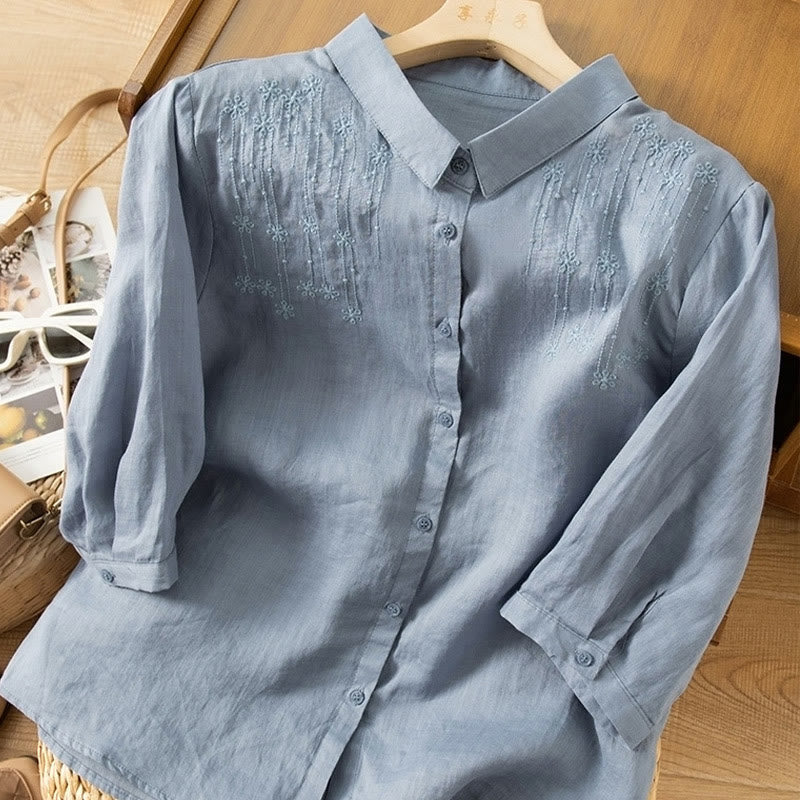 Casual Women's Embroidery Standing Collar Half Sleeve Design Cotton Linen Shirt