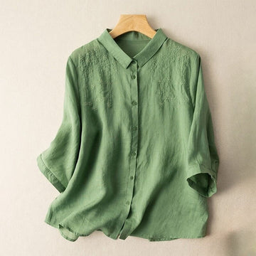 Casual Women's Embroidery Standing Collar Half Sleeve Design Cotton Linen Shirt