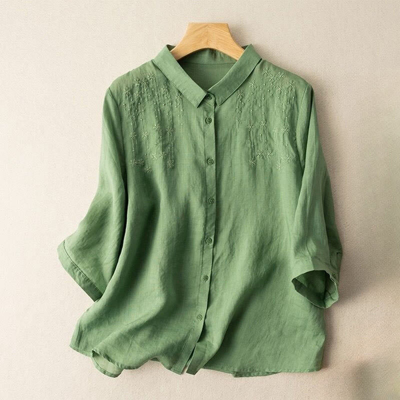 Casual Women's Embroidery Standing Collar Half Sleeve Design Cotton Linen Shirt